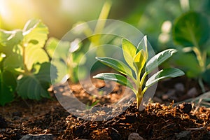 Vibrant young plant sprouting in fertile soil, bathed in soft sunlight, surrounded by greenery Growth and vitality