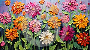 Vibrant Zinnia Art: Colorful Woodcarving Inspired Acrylic Painting