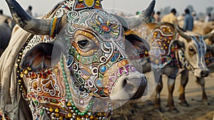 Vibrantly adorned bull at the traditional Sonepur livestock fair in Bihar, India - showcasing rich cultural art