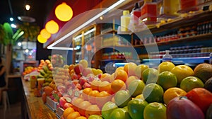 Vibrantly colored fruits line the counter of a bustling popup juice shop photo