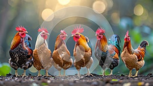 Vibrantly colored hens pecking in the lively farmyard dust, showcasing their beautiful plumage