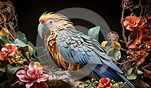 Vibrantly Colored Macaw Perches Amid Lush, Diverse Flora, Plumage Stunning Array Of Blues Oranges