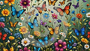 Vibrantly colorful, lush floral and intricate illustrated artwork of graceful, photorealistic butterflies in a kaleidoscopic,