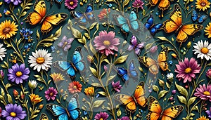 Vibrantly colorful, lush floral and intricate illustrated artwork of graceful, photorealistic butterflies in a kaleidoscopic,