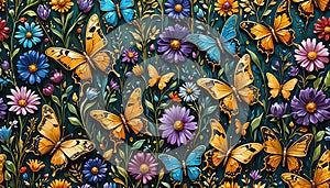 Vibrantly colorful, lush floral and intricate illustrated artwork of graceful, realistic jewel-toned butterflies in a