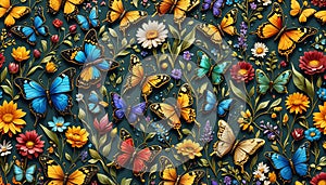 Vibrantly colorful, lush floral and intricate illustrated artwork of graceful, realistic jewel-toned butterflies in a