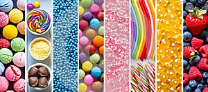 Vibrantly illuminated collage of assorted candy products, elegantly divided by white vertical lines