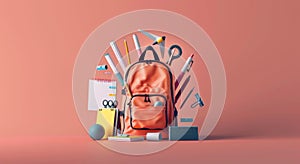 Vibrantly organized school backpack with colorful stationery on a soft coral background