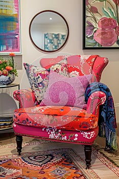 Vibrantly upholstered armchair with patterned pillows in a colorful interior design setting