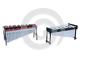 Vibraphone and xylophone and drumsticks isolated on white background flay lay