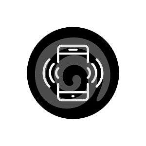 Vibrating mobile phone line icon on black circle. Cellphone vibration sign symbol photo