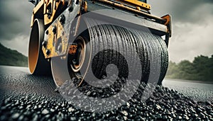 vibratory roller pressing and smoothing the fresh asphalt. Generative AI