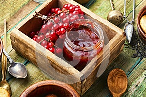 Viburnum fruit jam in a glass jar