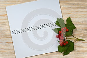 viburnum ripe and blank notepad on white wooden table