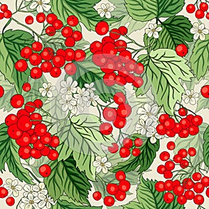 Viburnum rowan red berry flower seamless vector pattern background. Autumn floral fruit bouquet