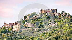 Vicalvi village with 11th century Lombard castle ruins on top of the hill located amid the Italian Apennine mountains