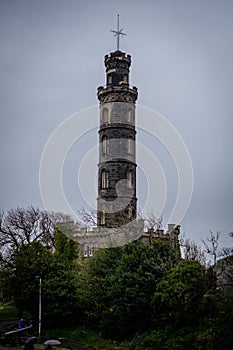 Vice Admiral Horatio Nelson Monument on top of Calton Hill in Edinburgh, Scotland, UK, on a cloudy day