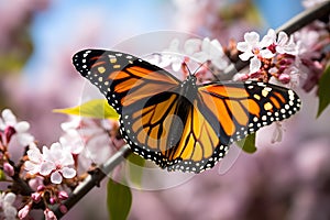 Viceroy Butterfly butterfly with small pink spring flowers on tree