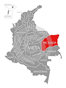 Vichada red highlighted in map of Colombia photo