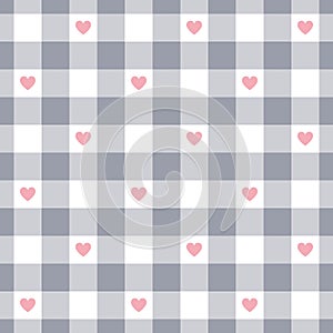 Vichy check pattern with hearts in pink, grey, white. Seamless tartan gingham plaid background for dress, towel, picnic blanket.