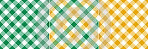 Vichy check plaid pattern in yellow, green, white for spring summer. Seamless small bright gingham tartan set for picnic blanket.