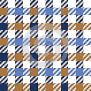 Vichy pattern in blue, brown, white. Gingham seamless check background art striped graphic for shirt, tablecloth, napkins.