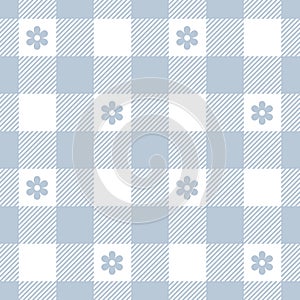 Vichy pattern with flowers in blue and white. Seamless floral gingham vector background image for dress, skirt, tablecloth.