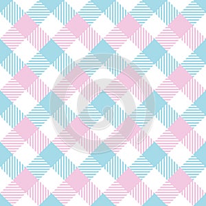 Vichy pattern in light blue, pink, white. Gingham seamless check background striped graphic for shirt, tablecloth, oilcloth.