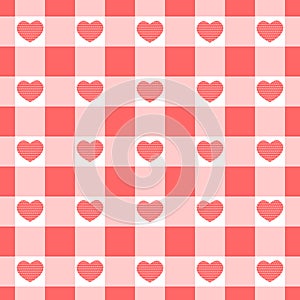 Vichy seamless pattern with dotted hearts. Checkered Valentine day texture for picnic blanket, tablecloth, plaid. Fabric