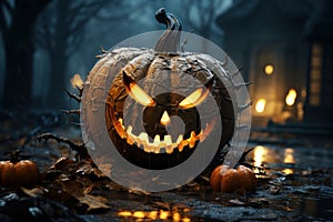 Vicious looking carved pumpkin in spooky ghots town. Celebrating traditional autumn holidays