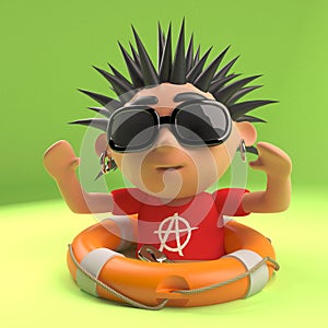 Vicious punk rocker has been saved from drowning with a life ring, 3d illustration