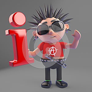 Vicous punk rock characte holds an information symbol he stole from somewhere, 3d illustration