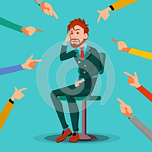 Victim Businessman Vector. Quilt Accusation. Frustrated Employee. A Lot Of Hands With Pointing Fingers. Illustration