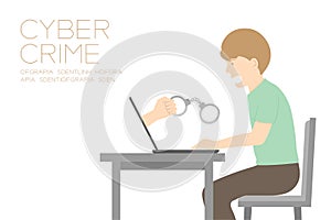 Victim of internet cyber crime concept idea man, laptop and hand holding handcuff illustration isolated on white color background