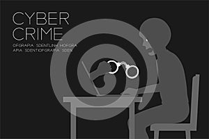 Victim of internet cyber crime dark editions concept idea man, laptop and hand holding handcuff illustration isolated on black