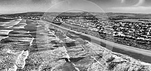 Victor Harbor coastline in South Australia, panoramic aerial view from drone at sunset