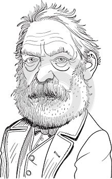 Victor Hugo cartoon portrait in line art illustration