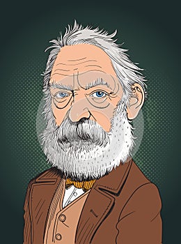 Victor Hugo cartoon portrait in line art illustration