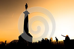 Victor monument, in serbian language known as Pobednik at historic fortress of Kalemegdan at sunset in Belgrade