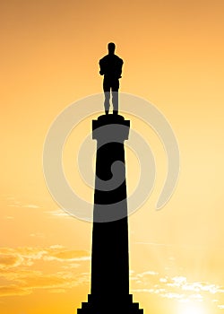 Victor monument, in serbian language known as Pobednik at historic fortress of Kalemegdan at sunset in Belgrade