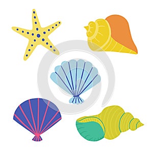 Victor sea shells and starfish labels. handdraw set illustration.