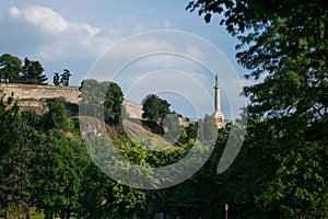 Victor statue on Kalemegdan fortress seen from the bottom in Belgrade, Serbia