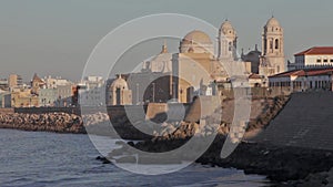 Victoria beach and skyline of Cadiz with the cathedral .CÃ¡diz, Andalusia, Spain.