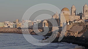 Victoria beach and skyline of Cadiz with the cathedral .CÃ¡diz, Andalusia, Spain