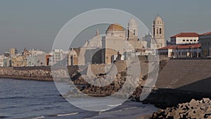 Victoria beach and skyline of Cadiz with the cathedral .CÃ¡diz, Andalusia, Spain.