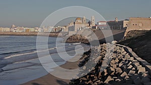 Victoria beach and skyline of Cadiz with the cathedral .CÃ¡diz, Andalusia, Spain.