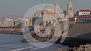 Victoria beach and skyline of Cadiz with the cathedral .CÃ¡diz, Andalusia, Spain. Europe