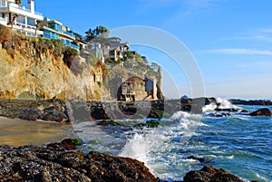 Victoria Beach Tower and cliff side homes in South Laguna Beach, California.