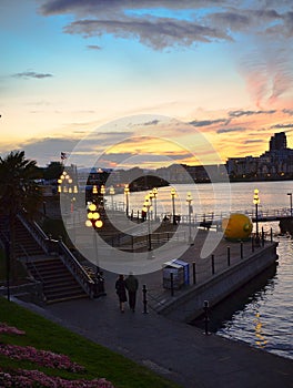 Victoria, British Columbia, Canada. Victoria Harbour at night, Vancouver Island, BC, Canada. Inner harbour at sunset.