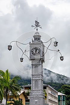 The Victoria Clock Tower, or `mini Big Ben`, copy of London`s Big Ben in the city center of Victoria, Seychelles.